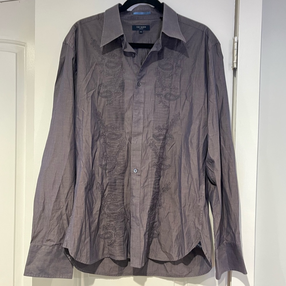 Ted Baker Men Shirt Size 5 ( XL ) Gray Embroidered Long Sleeve Button Up